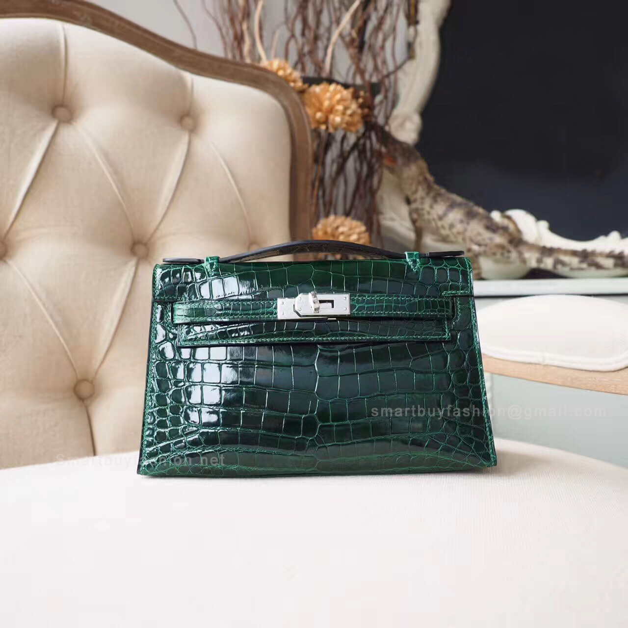 Hermes Mini Kelly 22 Pochette Bag in ck67 Vert Fonce Shiny Nile Croc PHW